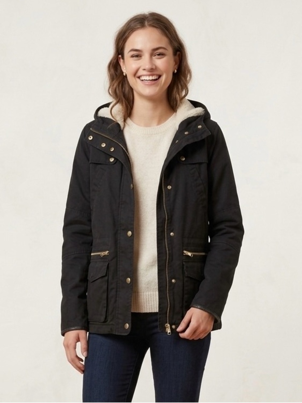 Topshop Black Parka Jacket with Faux Fur Lining & Gold Hardware, US 4